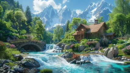 Wall Mural - animation scenic mountain cabin by a flowing river landscape generated with ai
