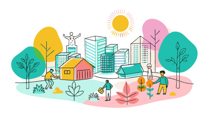 colorful urban park scene with diverse people and modern buildings