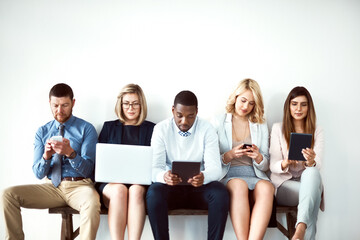 Leinwandbilder - Group of people, hiring and technology at office as candidates, job opportunity and interview with diversity. Staff, community and mobile as employees at company in recruitment or human resources