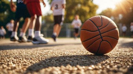 Basketball ball on an outdoor basketball court with teenage boys basketball players in the background. Sports activity outdoors