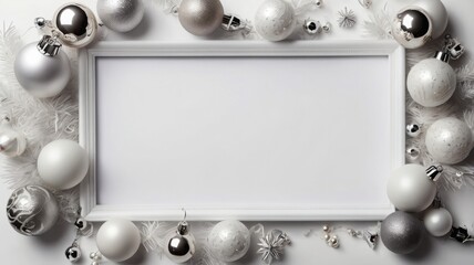 Elegant white blank frame with festive white and silver ornaments, pure white Christmas celebration background, header poster banner background design and greeting card cover