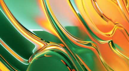 Poster - 3d render of abstract background with wavy colorful shapes on green and orange gradient. Shiny metallic texture, flowing lines and waves for design element