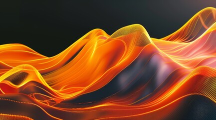 Poster - 3d render of abstract background with wavy colorful digital network radio waves shapes on orange and black gradient.