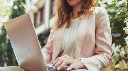 Poster - Businesswoman typing on laptop with space for text