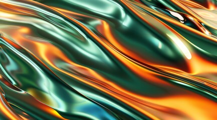 Poster - 3d render of abstract background with wavy colorful shapes on green and orange gradient. Shiny metallic texture, flowing lines and waves for design element
