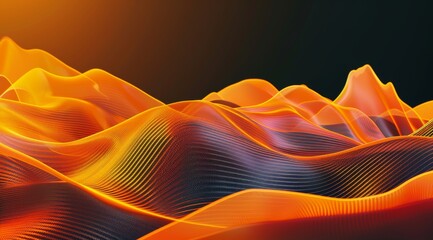 Poster - 3d render of abstract background with wavy colorful digital network radio waves shapes on orange and black gradient.