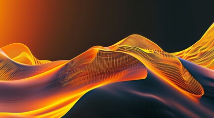 Poster - 3d render of abstract background with wavy colorful digital network radio waves shapes on orange and black gradient.