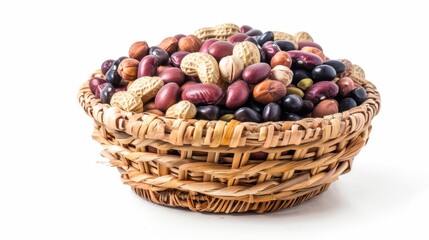 Wall Mural - Assorted beans and peanuts in a small wicker on white background.