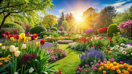 Wall Mural - Vibrant spring and summer garden with blooming flowers, green foliage, and bright sunshine , floral, nature, garden, sunny