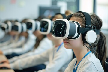 Poster - Documentary Photography style, students using VR headsets in a modern classroom, engaging in interactive learning activities, collaboration and discussion, emerging technology in education, dynamic