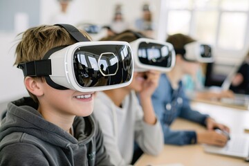 Wall Mural - Documentary Photography style, students using VR headsets in a collaborative learning session, teacher assisting them, blending traditional and modern educational techniques, emerging technology in