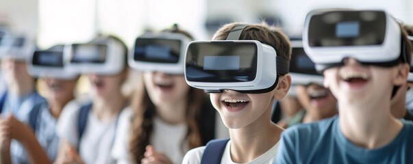 Poster - Editorial Photography style, close-up shot of students with VR headsets, expressions of awe and excitement, futuristic classroom setting, blending traditional and digital learning tools,