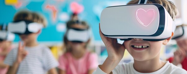 Poster - Magazine Photography style, colorful and high-tech classroom, students using VR headsets and other digital devices, teacher guiding them through interactive lessons, collaboration and innovation in