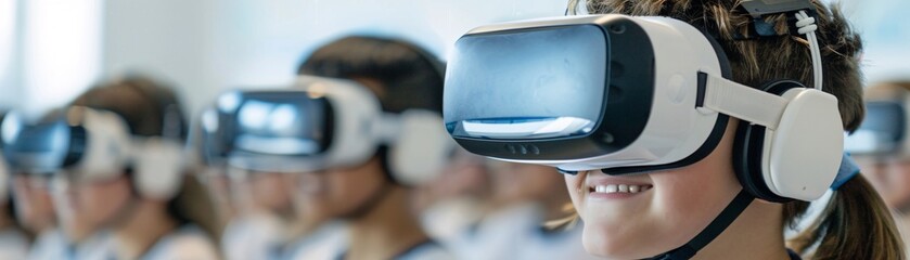 Poster - documentary photography style, students using vr headsets in a modern classroom, engaging in interac