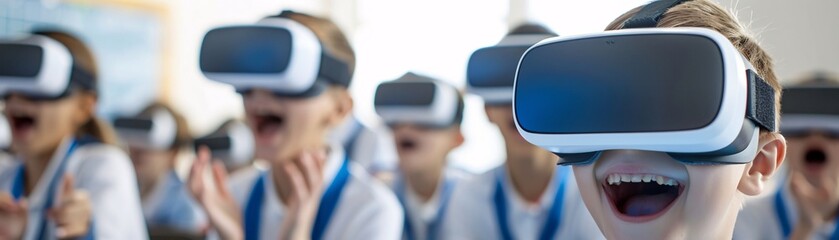 Poster - Editorial Photography style, close-up shot of students with VR headsets, expressions of awe and excitement, futuristic classroom setting, blending traditional and digital learning tools,