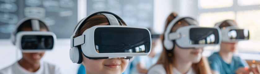 Poster - Magazine Photography style, bright and modern classroom, students using VR headsets and interactive whiteboards, teacher facilitating discussion, engaging and collaborative learning environment,