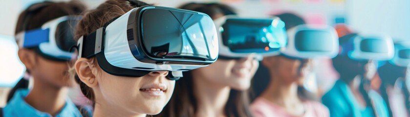 Poster - Magazine Photography style, colorful and high-tech classroom, students using VR headsets and other digital devices, teacher guiding them through interactive lessons, collaboration and innovation in