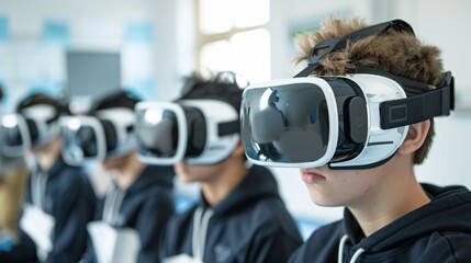 Poster - Documentary Photography style, students using VR headsets in a modern classroom, engaging in interactive learning activities, collaboration and discussion, emerging technology in education, dynamic