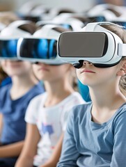 Poster - Editorial Photography style, group of students using VR headsets in a classroom, focused and engaged in a collaborative project, modern educational tools, innovative learning environment, capturing