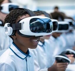 Wall Mural - Editorial Photography style, group of students using VR headsets in a classroom, focused and engaged in a collaborative project, modern educational tools, innovative learning environment, capturing