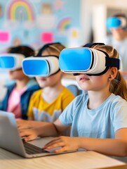 Poster - Magazine Photography style, colorful and high-tech classroom, students using VR headsets and other digital devices, teacher guiding them through interactive lessons, collaboration and innovation in