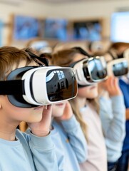 Poster - Documentary Photography style, students using VR headsets in a collaborative learning session, teacher assisting them, blending traditional and modern educational techniques, emerging technology in