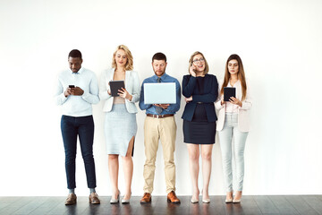 Poster - Group of people, waiting room and technology at office as candidates, job opportunity and interview for hiring. Staff, community and laptop as employees at company in recruitment or human resources