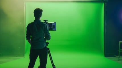 Poster - a cameraman stands in front of a green screen, holding a camera on a tripod and looking towards the 