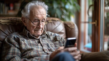 Aufkleber - 3d character elderly person using a smartphone to control a smart thermostat Stock Photo with copy space