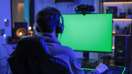 Poster - A person wearing headphones sits in front of a computer monitor with a green screen, illuminated by blue lights.