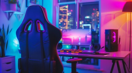 Poster - A gamer's chair sits empty in a dimly lit room. A large monitor displays a colorful scene while the desk is set up for gaming with a keyboard and mouse. The windows show a cityscape at night.