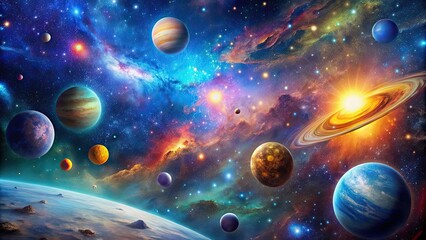 photograph of a stunning cosmic landscape filled with colorful stars, galaxies, and planets, univers