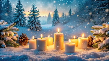 Canvas Print - December solstice candles illuminating a snowy winter wonderland , winter, candles, snow, lights, magic, December, solstice, holiday