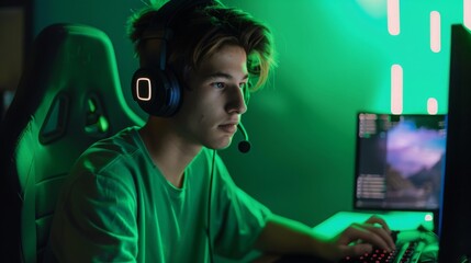 Poster - A young man wearing headphones sits in a green room and plays a video game on his computer.