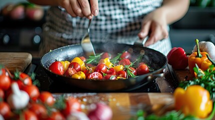 A photo showing the preparation process of a vegetable stir-fry in the kitchen, featuring fresh ingredients being cooked in a pan, embodying healthy and vibrant cooking.