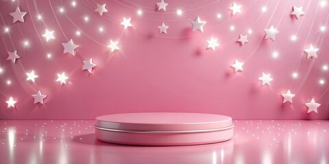 Wall Mural - Stylish pink round stand with stars and lights background for advertising products and cosmetics, pink, round, stand