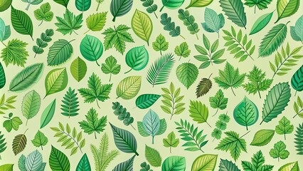 Wall Mural - Green seamless pattern with various types of leaves, leaves, foliage, nature, botanical, seamless, design, texture, background