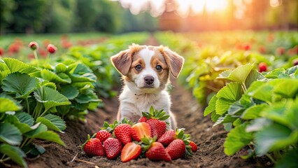 Poster - Adorable puppy playing in lush strawberry field, cute, puppy, dog, strawberry, field, playful, adorable, pet, fur, red, green