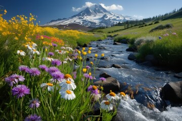 Poster - Rocky river mountain flower field.