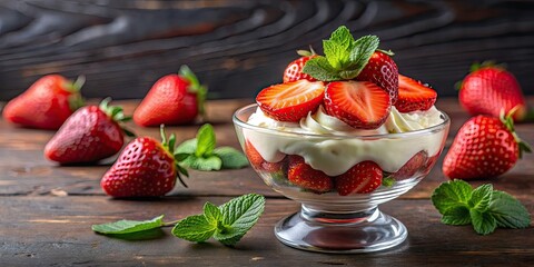 Canvas Print - Delicious strawberries and cream dessert, strawberries, cream, dessert, delicious, sweet, fruit, red, white, tasty, indulgent