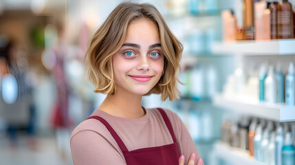 Wall Mural - Smiling hairdresser in maroon shirt with shot blond hair standing confidently in elegant hair salon.