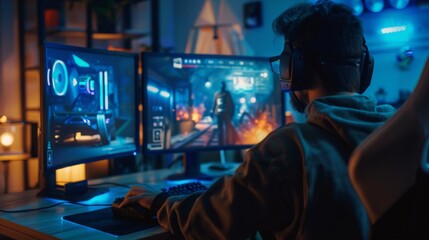 Poster - A man wearing headphones sits in front of two computer monitors, playing video games in a dimly lit room.