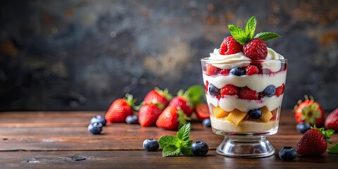 Poster - Delicious fruit parfait topped with whipped cream and fresh berries, healthy, dessert, sweet, colorful, refreshing, breakfast