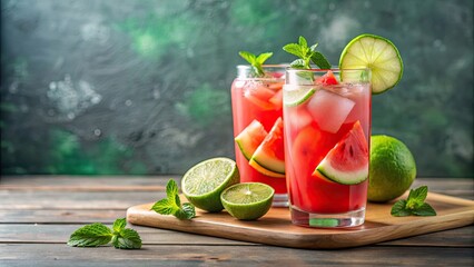 Canvas Print - Refreshing watermelon and lime lemonade , summer, drink, beverage, citrus, fresh, sweet, fruity, homemade, natural, healthy, cold