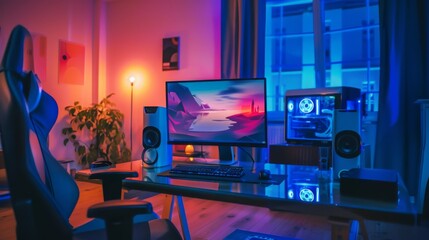 Poster - A gaming setup with a desktop computer, speakers, and a gaming chair, illuminated by colorful lights.