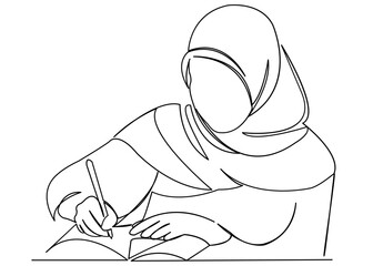 Canvas Print - continuous single drawn one line girl muslim woman learns hand-drawn picture silhouette. Line art. doodle. Muslim girl is writing