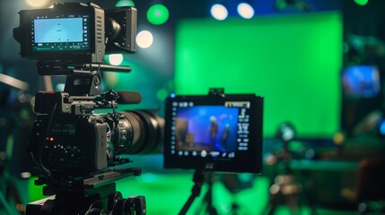 Poster - a professional video camera is set up in a studio with a green screen background. another camera scr
