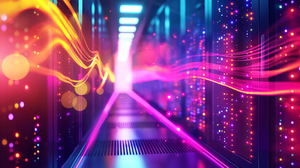 Poster - Colorful abstract representation of high-speed data transmission in a futuristic data center with glowing server racks and light trails.