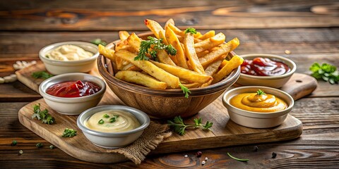 Wall Mural - Gourmet fries served in a rustic setting with various dipping sauces , gourmet, fries, food, appetizer, delicious, crispy