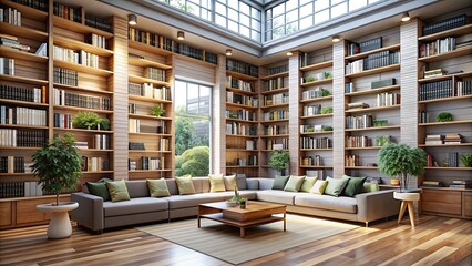 Poster - Beautiful interior of a modern library with shelves of books and cozy reading nooks, library, interior, books, shelves